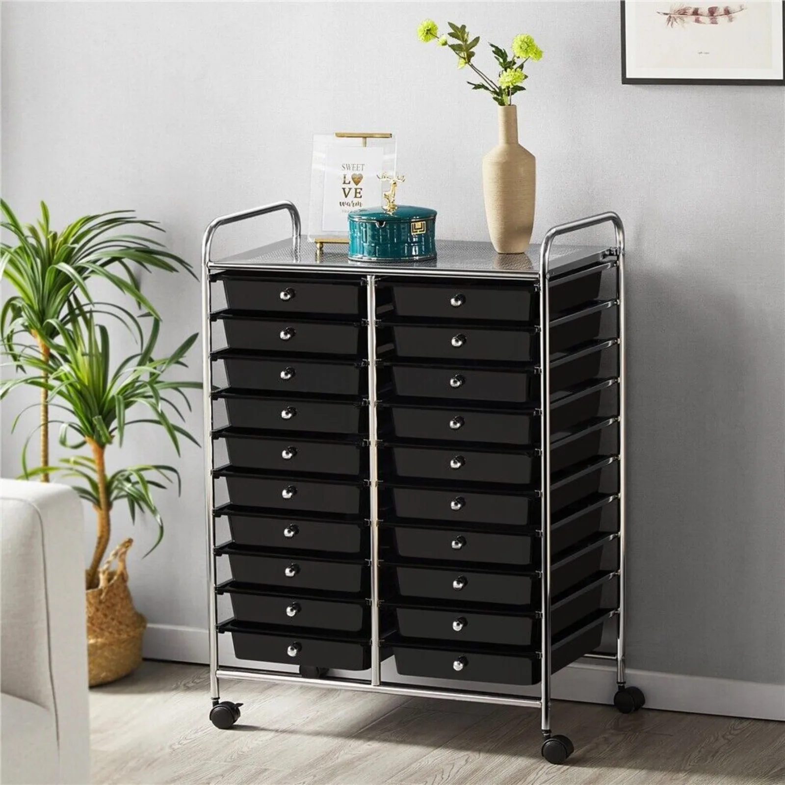 US Rolling Storage Cart with 20 Plastic Drawers Studio Organizer Bins Metal Frame