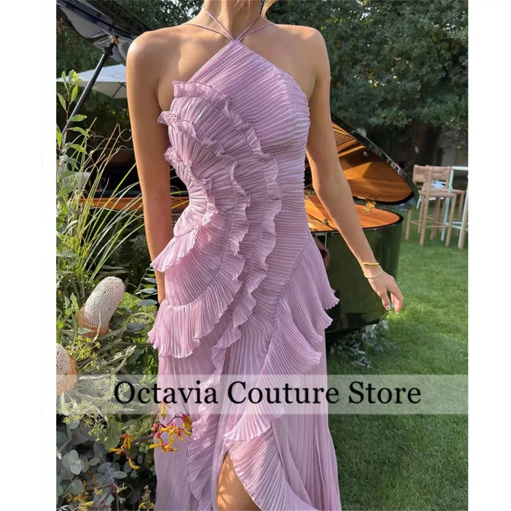 

Customized Purple Halter Neck Evening Dresses Side Split Ruffles vestidos de noiva Birthday Party Dress 2025 فساتين حفلات