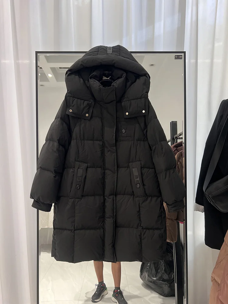 Piumino invernale nuovo da donna medio a lungo edizione coreana felpa con cappuccio alla moda addensata allentata versatile piumino d'anatra bianco