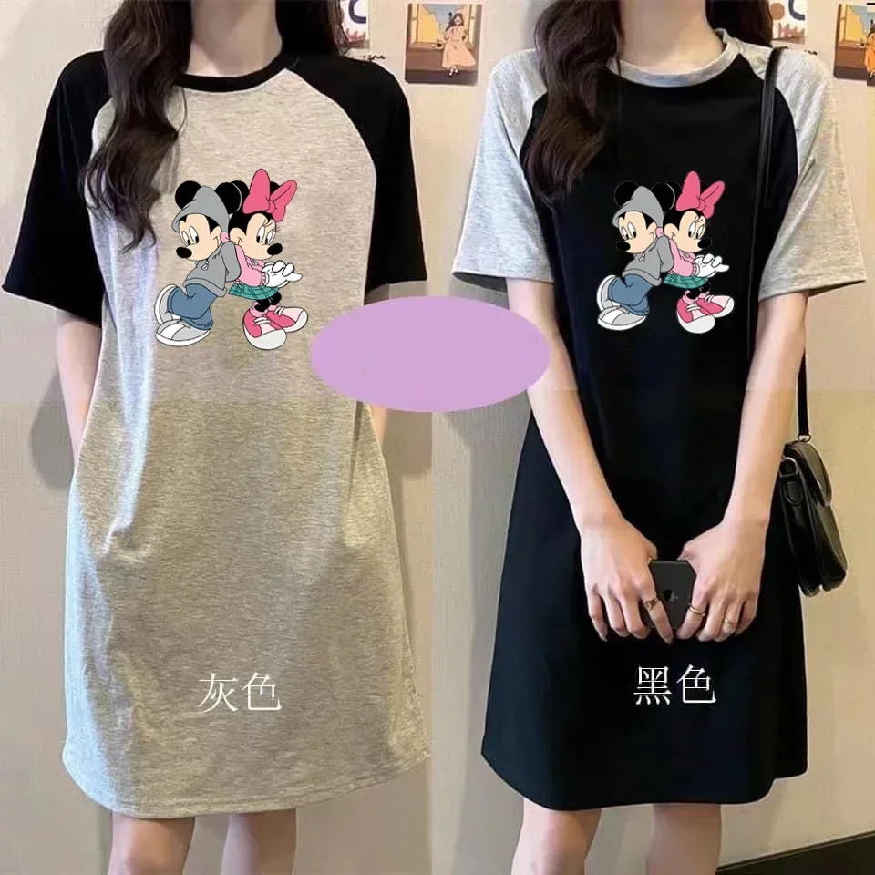 Disney Mickey Mouse Short Sleeve T-Shirt Women's Mid-Length Skirt 2024 New Loose Summer Clothes dress