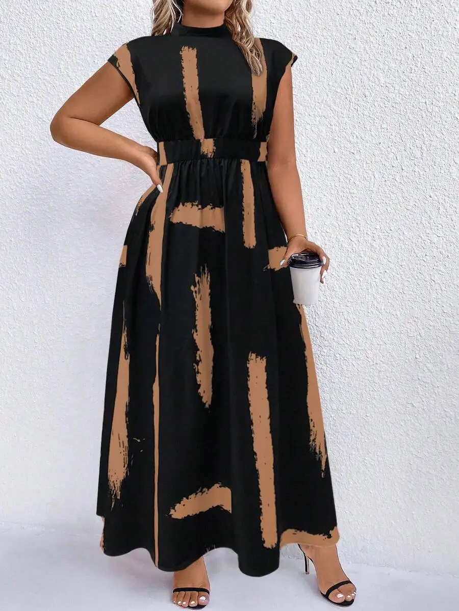 

Black And Camel Abstract Print Mock Neck Maxi Dress For Women