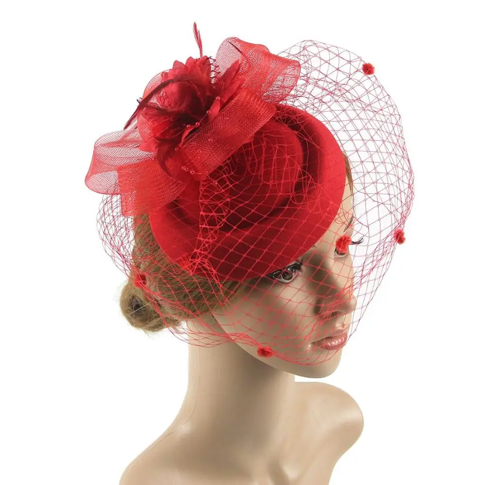 Women Retro Veil Mesh Feathers Flower Hair Clip Fascinators Hat Fedoras Hat Headband