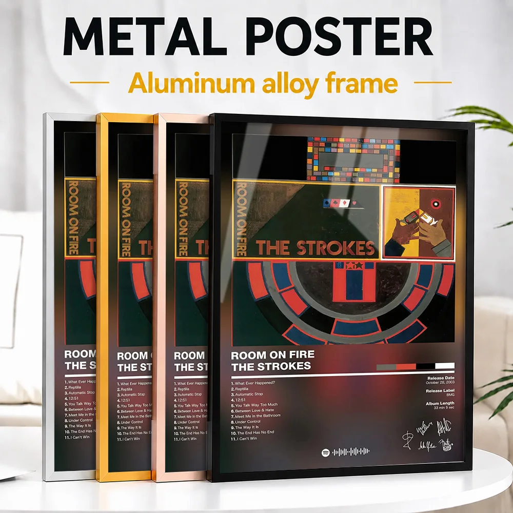 The Strokes - Room On Fire Framed Metal Poster Personalized Photo Moody Studio Style Wall Art For Bedroom Unique Listener Gift