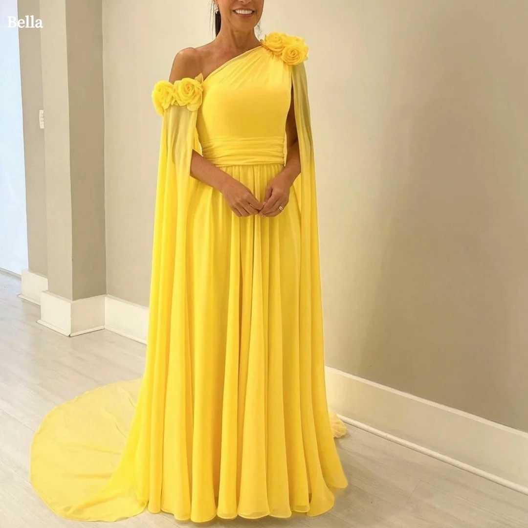

Bella Customized Yellow One-Shoulder Party Dresses 3D Rose Cape Chiffon Prom Dress Ruched Waist Train robes de soirée Elegant