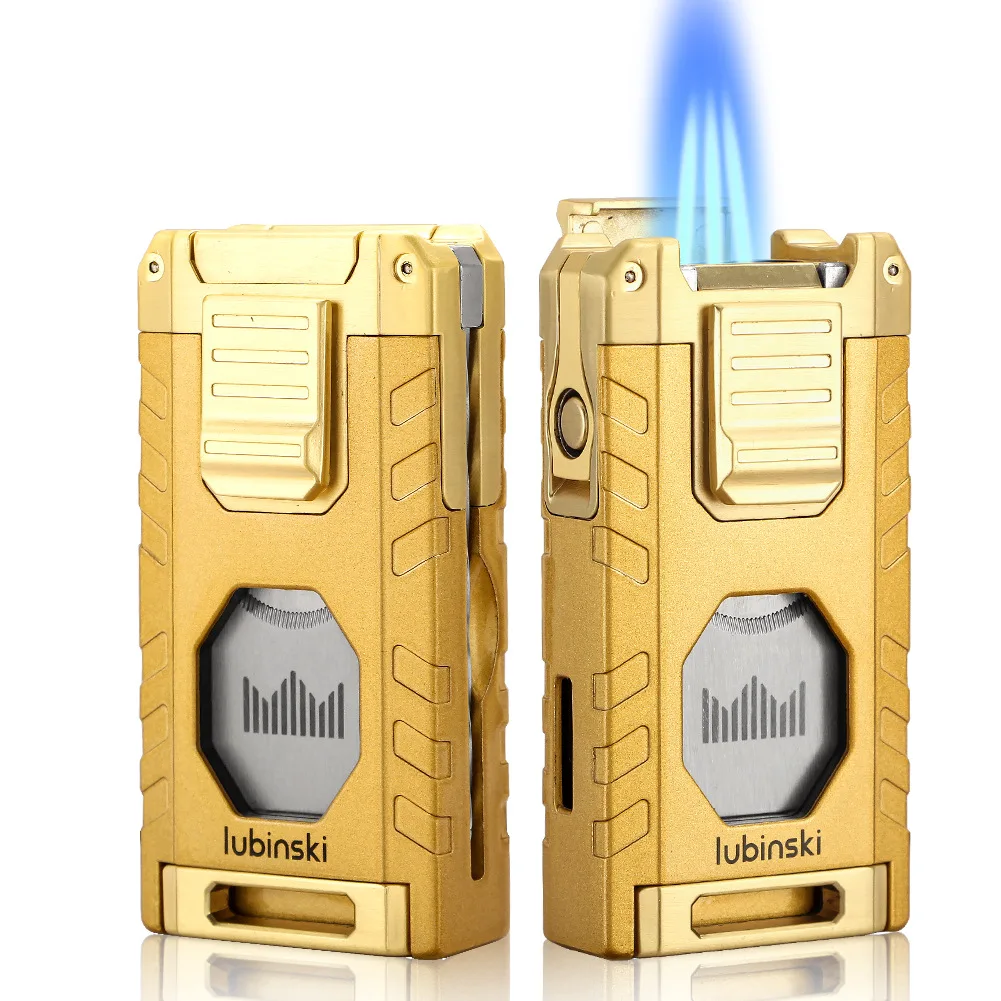 

LUBINSKI Luxury Cigar Turbo Lighter Outdoor Butane Gas 3 Torch Blue Flame Jet Lighter With Cigar Sharp Scissors Tool Men's Gifts