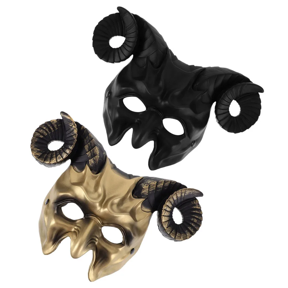 

2pcs Halloween Goat Skull Mask Half Face Devil Horns Golden Black Durable Pr Plastic Adjustable Strap For Masquerade Party