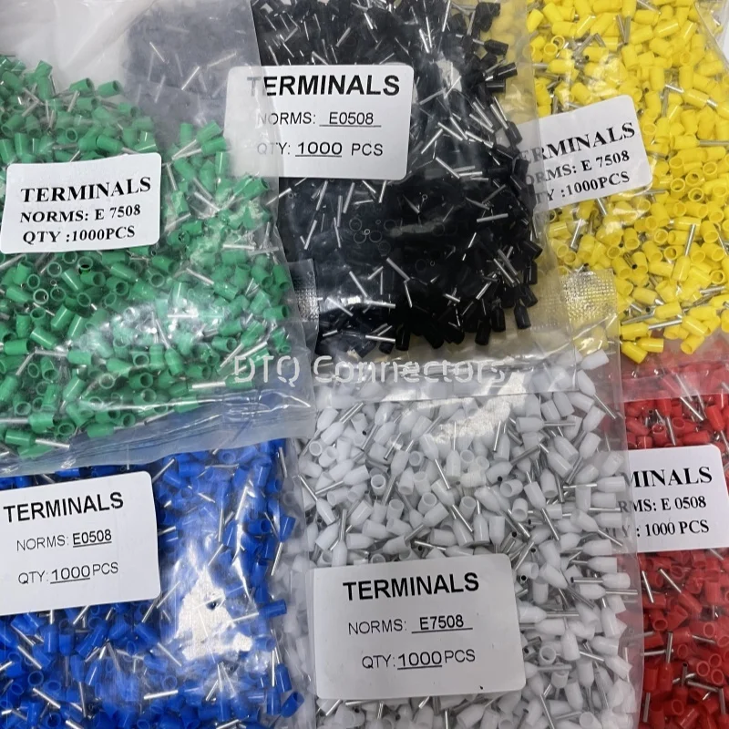 1000pcs/Pack E0508 E7508 E1008 E1508 E2508 Insulated Ferrules Terminal Block Cord End Wire Connector Electrical Crimp Terminator