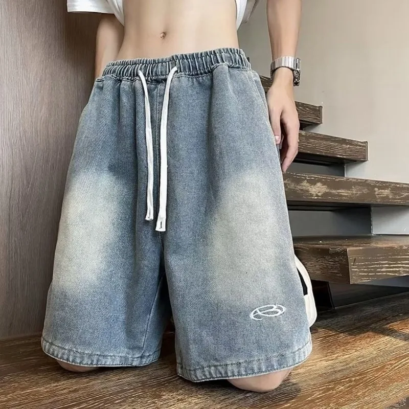 Mens Drawstring Waist Washed Denim Shorts Distressed Split Hem Loose Fit Knee Length Casual Jean Shorts