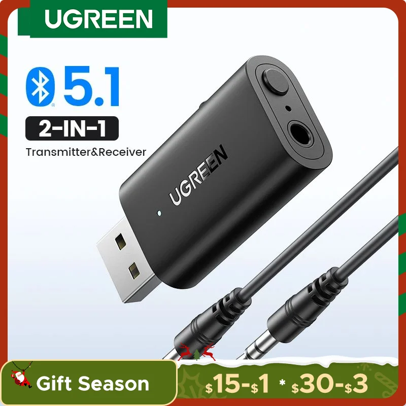 UGREEN 2 in 1 블루투스 자동차 어댑터 블루투스 5.1 스테레오 송신기 수신기 무선 3.5mm Aux 잭 어댑터 자동차 키트 마이크