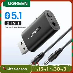 UGREEN 2 in 1 Bluetooth Car Adapter Bluetooth 5.1 Stereo Transmitter Receiver Wireless 3.5mm Aux Jack Adapter Car Kit Mic