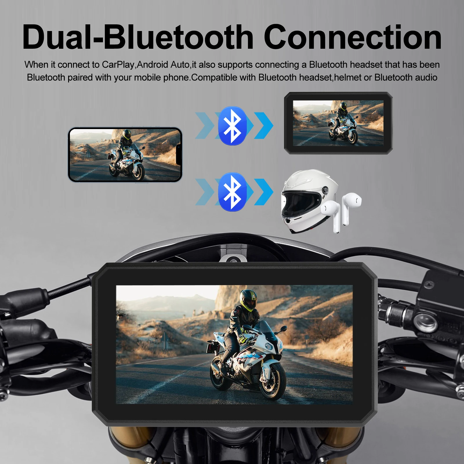 VR Robot Dual Bluetooth Motorcycle CarPlay Android Auto 5 بوصة ملاحة لاسلكية مع وحدة تحكم المقود ومسجل كاميرا موتو