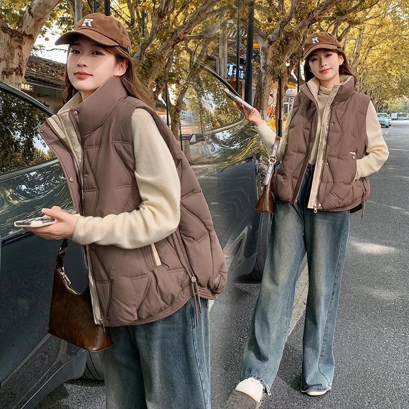 Autumn Lady Stand Collar Sleeveless Jacket Winter Women Fashion Loose Waistcoat Coat American Female Color Blocking Vest Outwear
