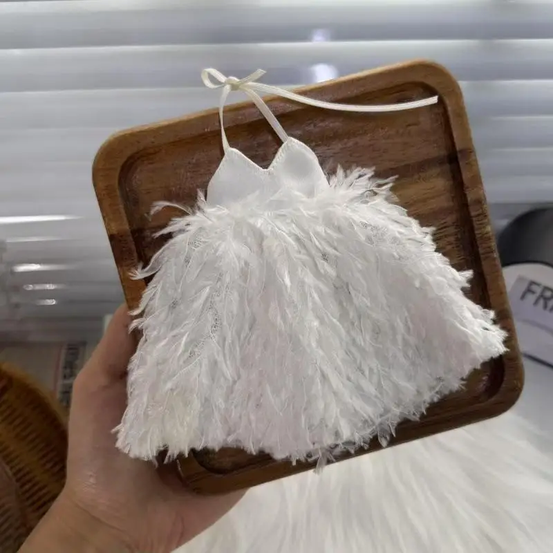Elegant Doll Outfit 1Pcs White Feather Halter Lace Mini Dress Handmade Clothes for Children New Year Gift