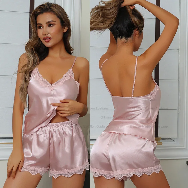 Pink 4Pcs Lace Patchwork Silk Imitation Set Women Pajama Suit Sexy Camisole Shorts Pants Robe Summer New Pijama Mujer Loungewear