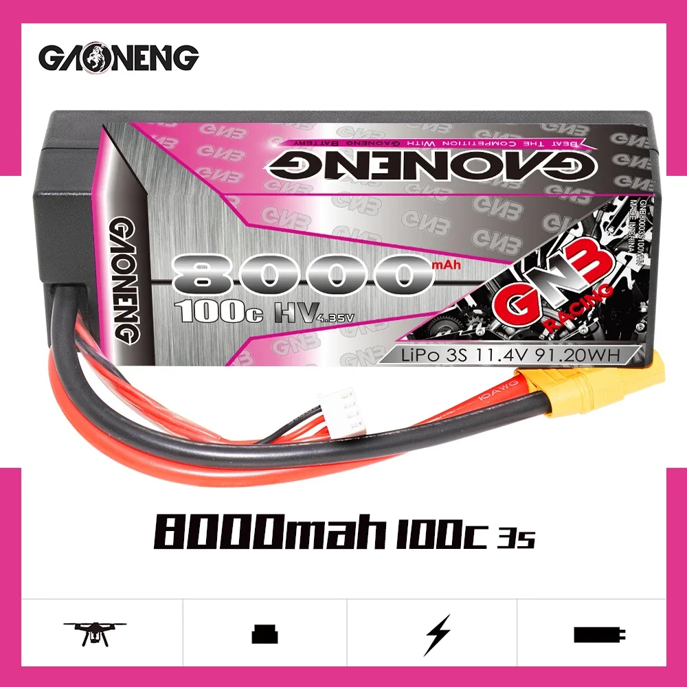 

GAONENG GNB 8000mAh HV 3S 100C 200C 11.4V Hard Case LiPo Battery Cabled with XT90 1/10 1/8 Scale RC Hobby Models