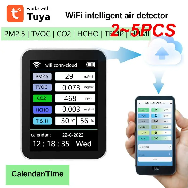 

2 ~ 5 шт. WiFi 7 в 1 умный монитор качества воздуха CO2 измеритель TVOC HCHO PM2.5 тестер цифровой датчик CO2 формальдегидный Газовый Детектор Tuya