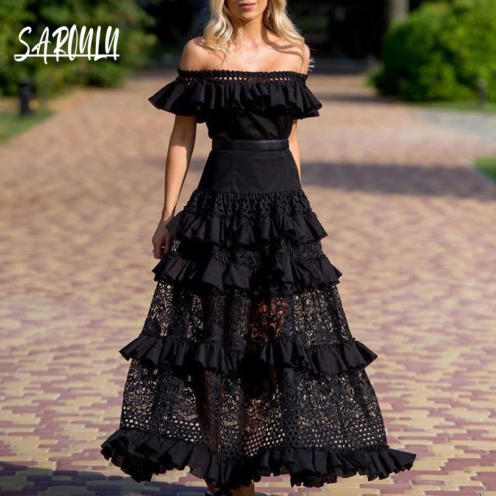 

Romantic Ruffled Big Swing Evening Dress Chic Cut Out Tiered Lace A Line Party Wear For Women Sweet Off Shoulder Cocktail Gown