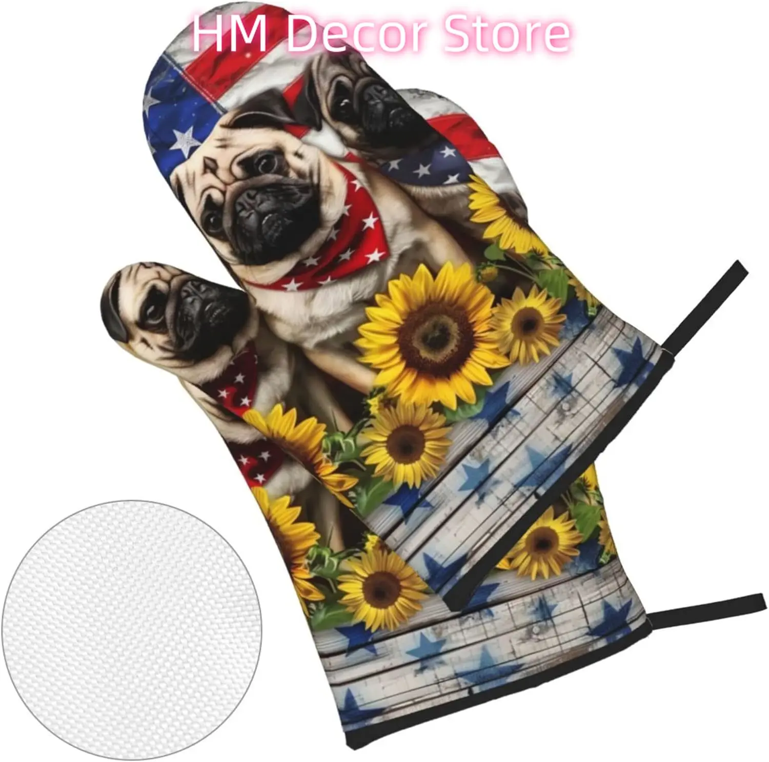 Cute Pugs American Flag Oven Mitts and Pot Holders Sets of 4, Cute Heat Resistant Oven Mitts - Non-Slip Cooking Gloves for Kitch