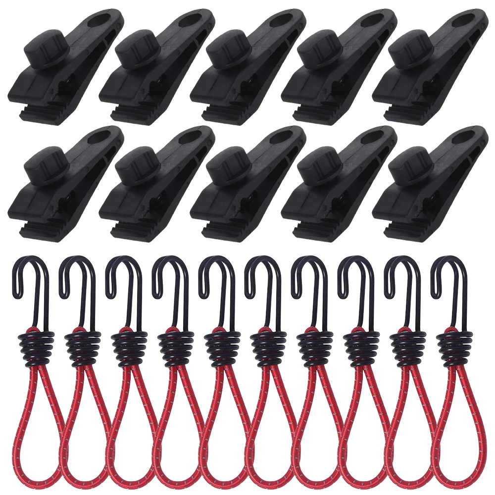 20 PCS Camping Tarp Clips Elastic Rope Clamp Canvas Heavy Duty Lock Grip Tent Clips Bungee Cord include (10pcs Clip and Rope )
