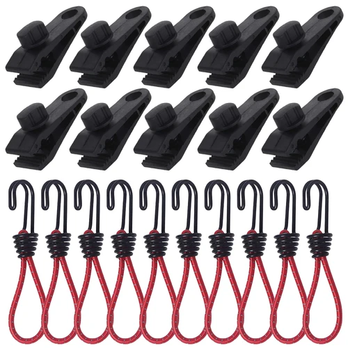 Imagen 2 del producto 20 Uds. Clips para lona de acampada, abrazadera de cuerda elástica, agarre de bloqueo resistente de lona, Clips para tienda, cordón elástico incluido (10 Uds. De Clip y cuerda)