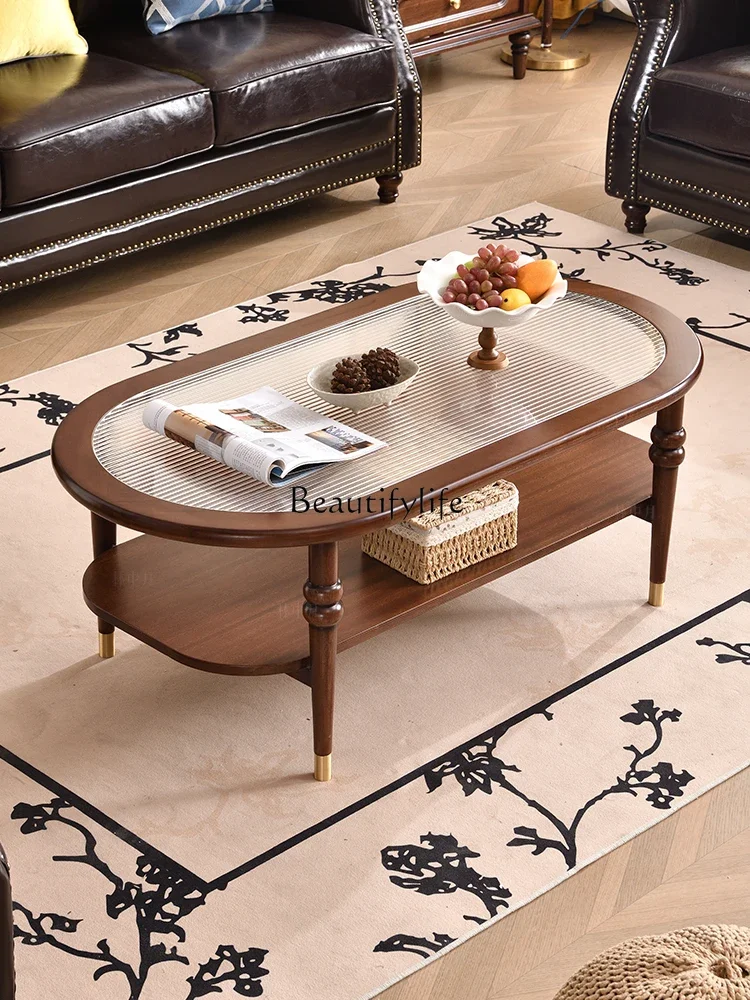 

French retro solid wood tea table, simple modern Changhong glass round table, medium and ancient style
