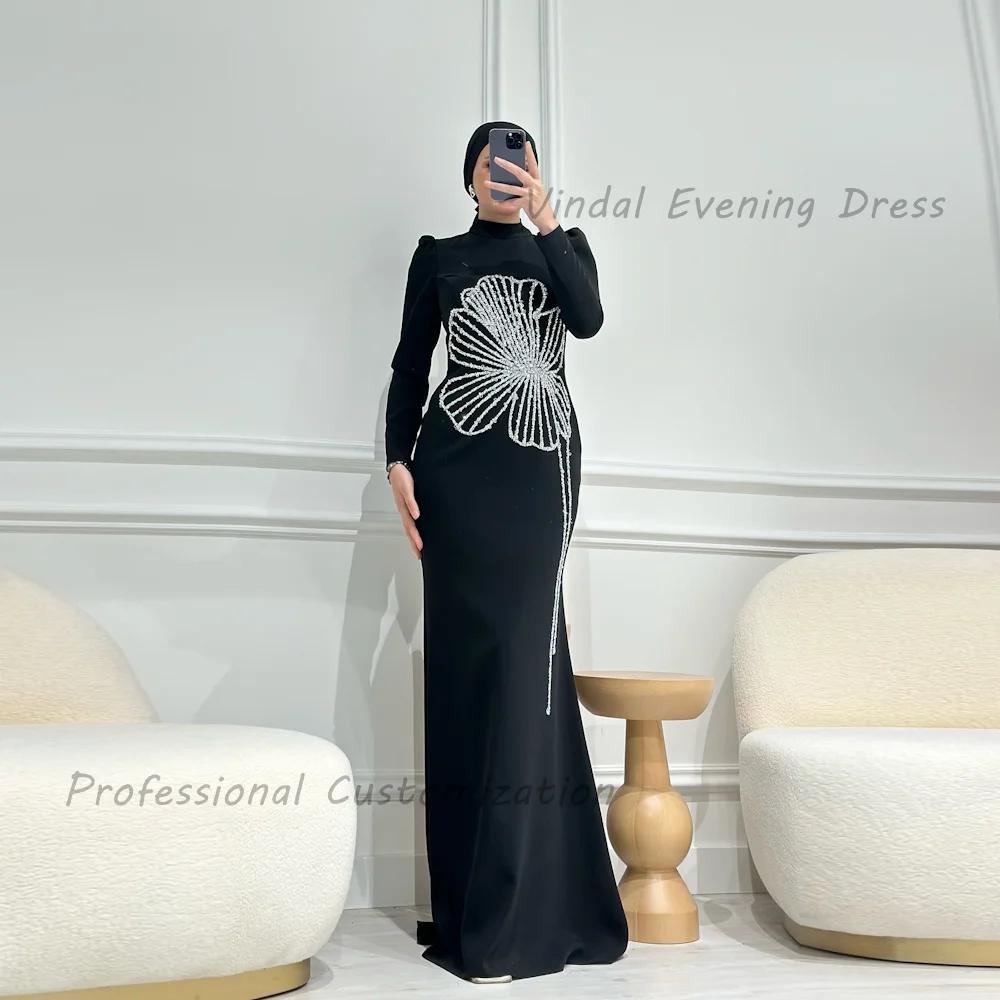 Vindal Floor length O-Neck luxurious Straight Beaded Crepe Fashion Breast Padding Elegant Long Sleeves السعود For Woman 2024