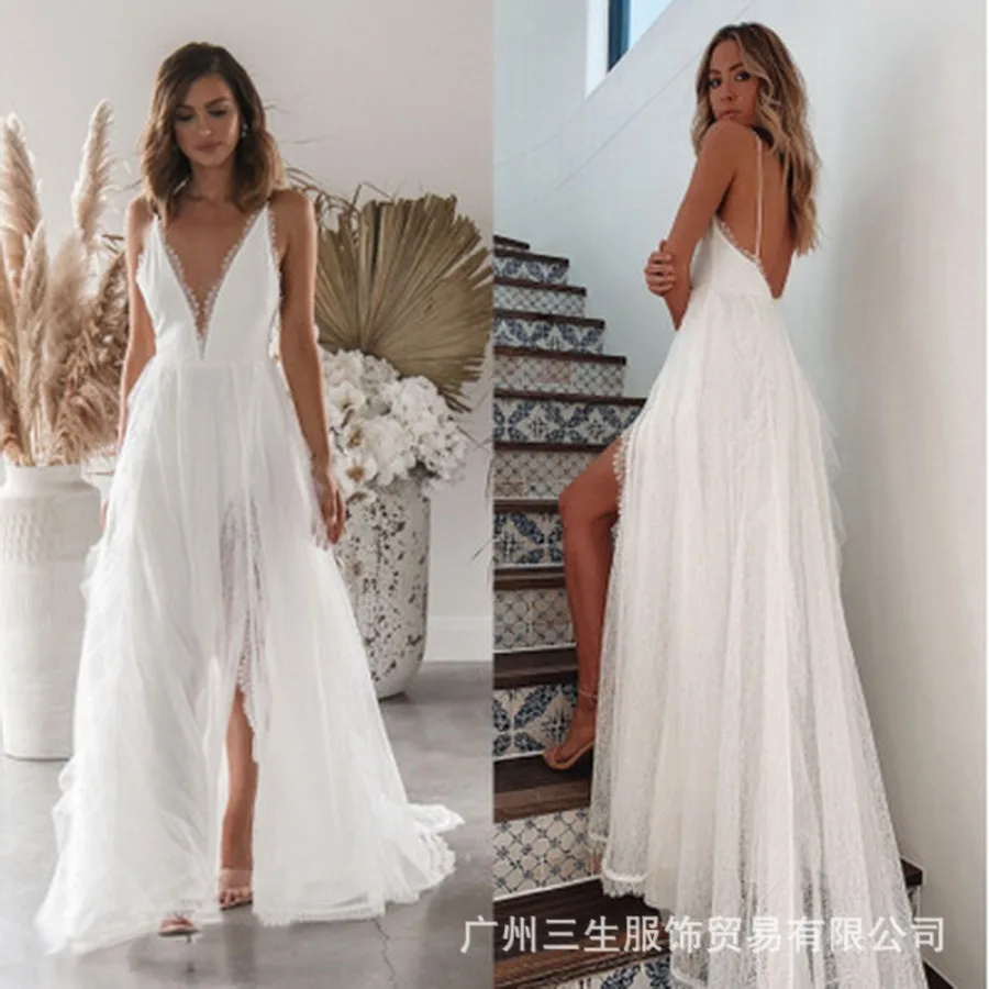 

【New Arrival】White Lace Tulle Wedding Dress, Deep V-Neck Spaghetti Strap High Slit Bridal Gown