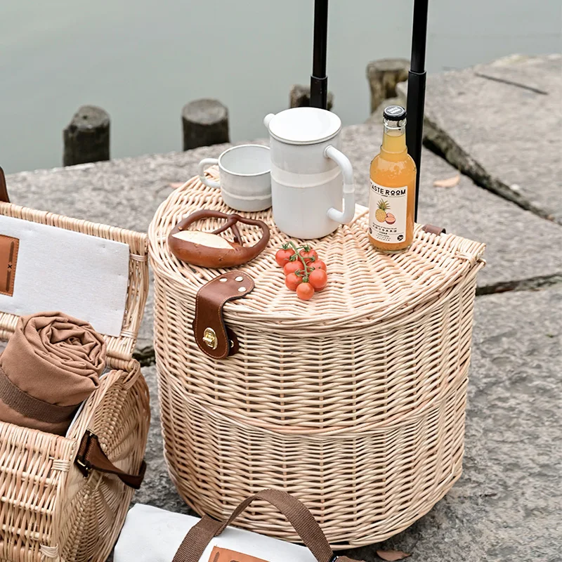 Rattan Trolley Picnic Basket Natural Wicker Weaving Lunch Baskets Family Outing Trip Camping Bento Storage High Capacity Bags