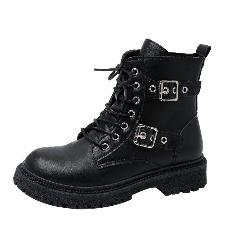 New Round Toe Fashionable Side Zipper Motorcycle Shoes Solid Color Elegant Warm Casual Lace-up Non-slip Women\'s Boots