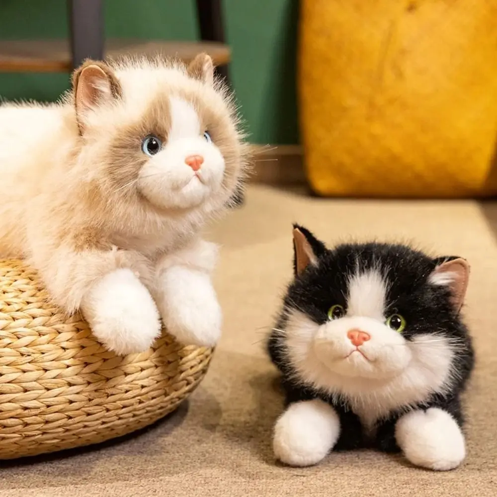 New Soft Simulation Cat Plush Toys Voiced Fluffy Realistic Cat Doll With Bib Cute Cartoon Simulated Kitten Model Birthday Gifts