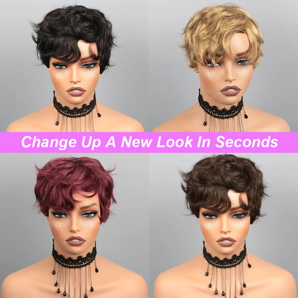 Pixie Cut Wig Human Hair Wig for Black Women Short Bob Wig Short Layered Pixie Cut Wigs Glueless Wig with Bangs