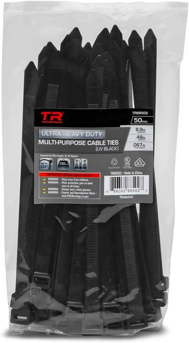 

250 lbs Heavy Duty UV Cable Ties 8.9" 50-Pack, Black, Indoor/Outdoor Use