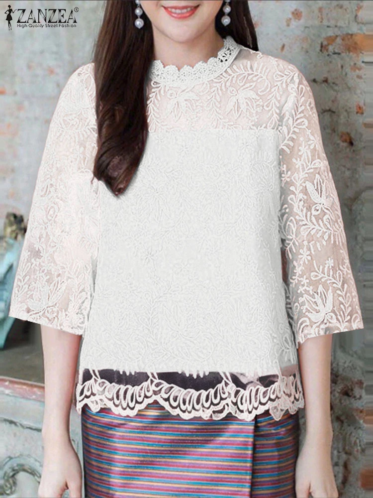 

Stylish Hollow Out Holiday Blouses ZANZEA Summer Lace Crochet Shirt Office Women Tops Elegant 3/4 Sleeve Embroiderd Blusas 2025