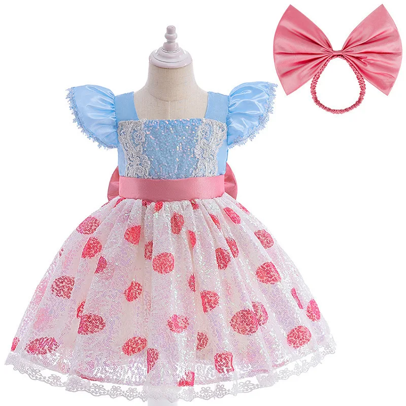 Inspiriert von Toy Kids Blaues Prinzessinnenkleid mit Ärmeln, Rosa Pailletten-Tüllkleid mit Schleifen-Haarband, Mädchen-Geburtstags-Cosplay-Kostüm, Bopeep-Kostüm – Detail 2