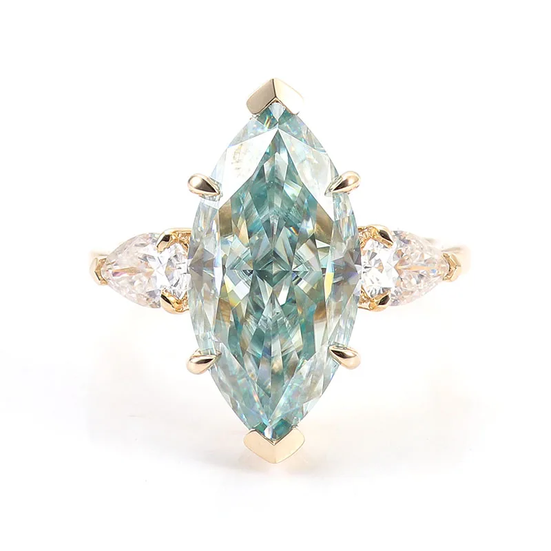 

Provence 14K Yellow Gold Three Stone Ring With 9*18mm Green Blue Marquise Cut Moissanite Diamond For Women Engagement Ring