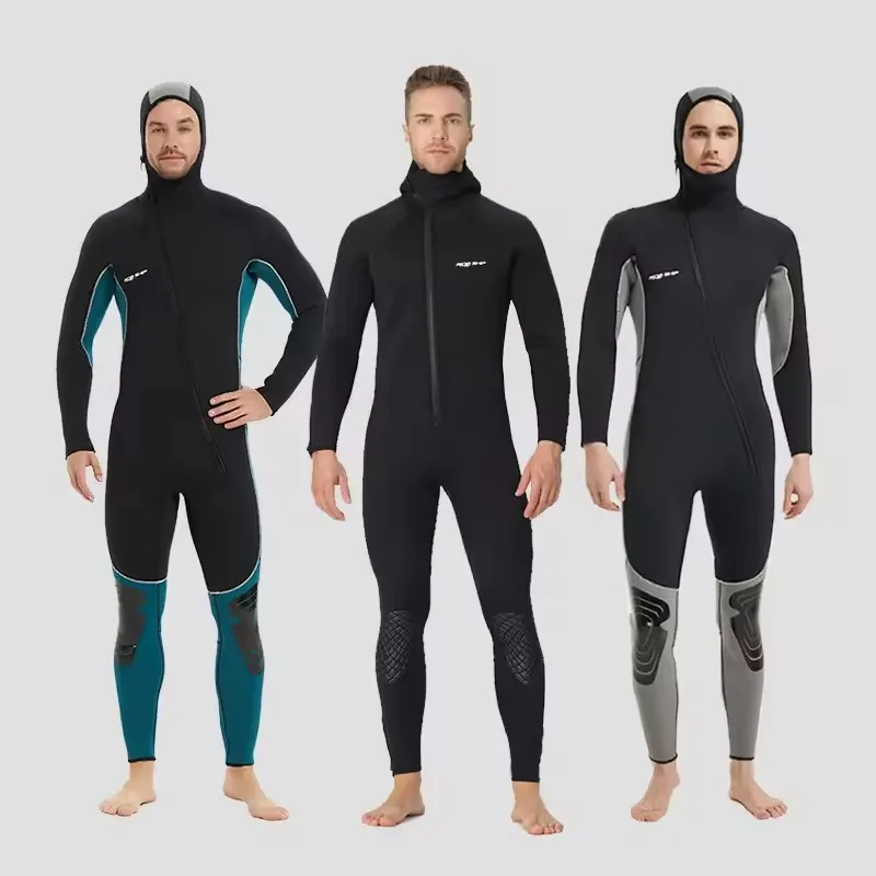 STLF 5 mm einteiliger Neoprenanzug mit Kapuze und Frontlogo, kältebeständig, warmer Reißverschluss zum Surfen, Tieftauchen und Schwimmen, Freitauchen