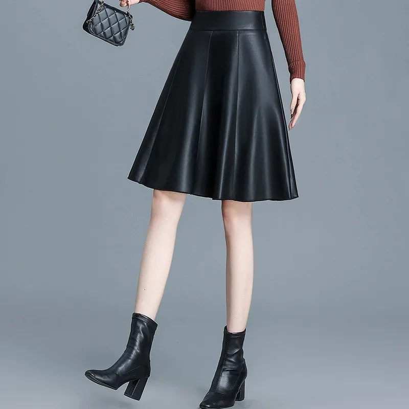 خريف شتاء بولي Leather تنورة جلدية صغيرة ألف خط ميدي تنورة عصرية متعددة الاستخدامات قصيرة عالية الخصر التخسيس مطوي التنانير