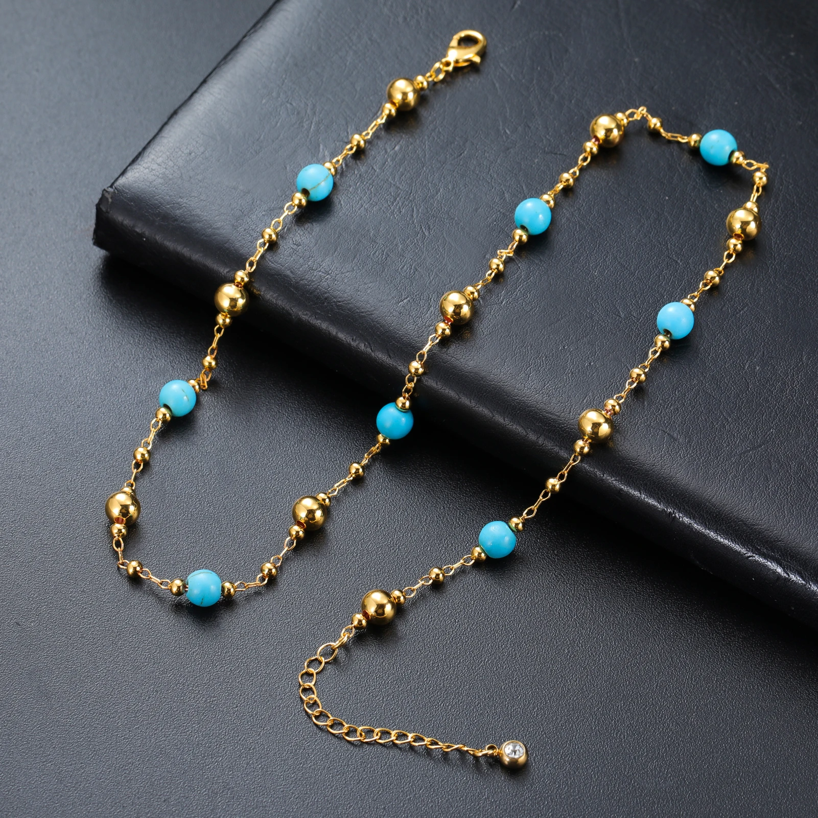Unift Vintage Turquoise Necklace for Women Gold Color Copper Beads Necklace Exquisite Jewelry Blue Turquoise Clavicle Necklace