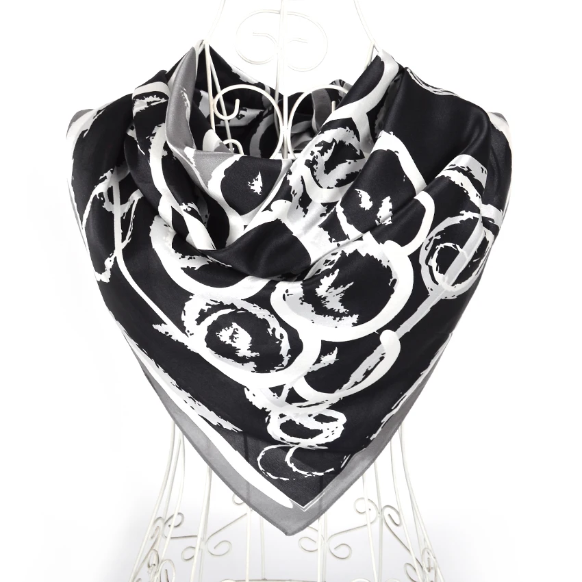 [BYSIFA] Black White Scarves Women Elegant New 100% Silk Scarf Shawl Printed Fall Winter Ladies Brand Scarves Wraps 88*88cm