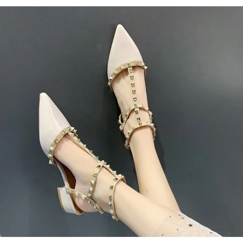 2024 Fashion Shoes for  Slingbacks Buckle Female Sandals Spring Pointed Toe Rivet Shallow Sexy Dress Party Low Heels