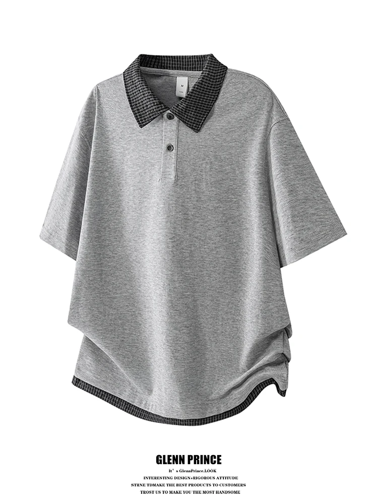 

American Sle Plaid Patchwork ort Sve irt Men Summer Large Size Fake Two-Piece Top Loose Fit Youth Faion