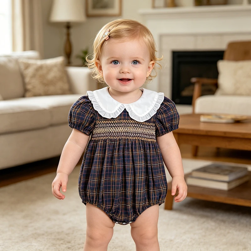 2026 Newborn Summer New 0-24M Baby Girls Romper Korean Version Hug up Short Sleeved Bodysuit Grid Sweet Romper