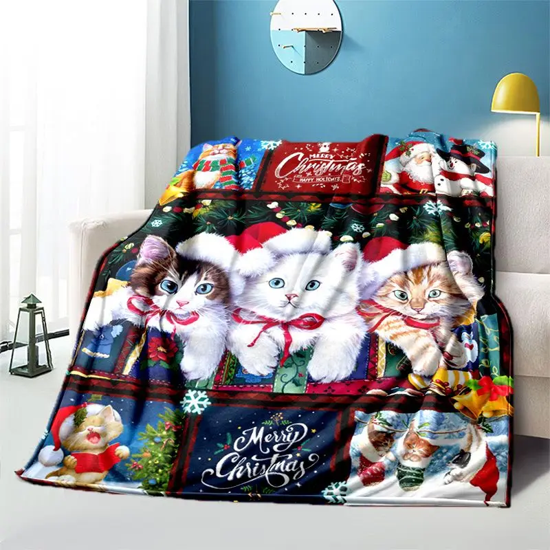 VIKAMA Christmas Throw Blanket Cat Santa Hat Snowman Pine Ribbon Soft Plush Fleece Couch Sofa Blanket Cozy Holiday Decor