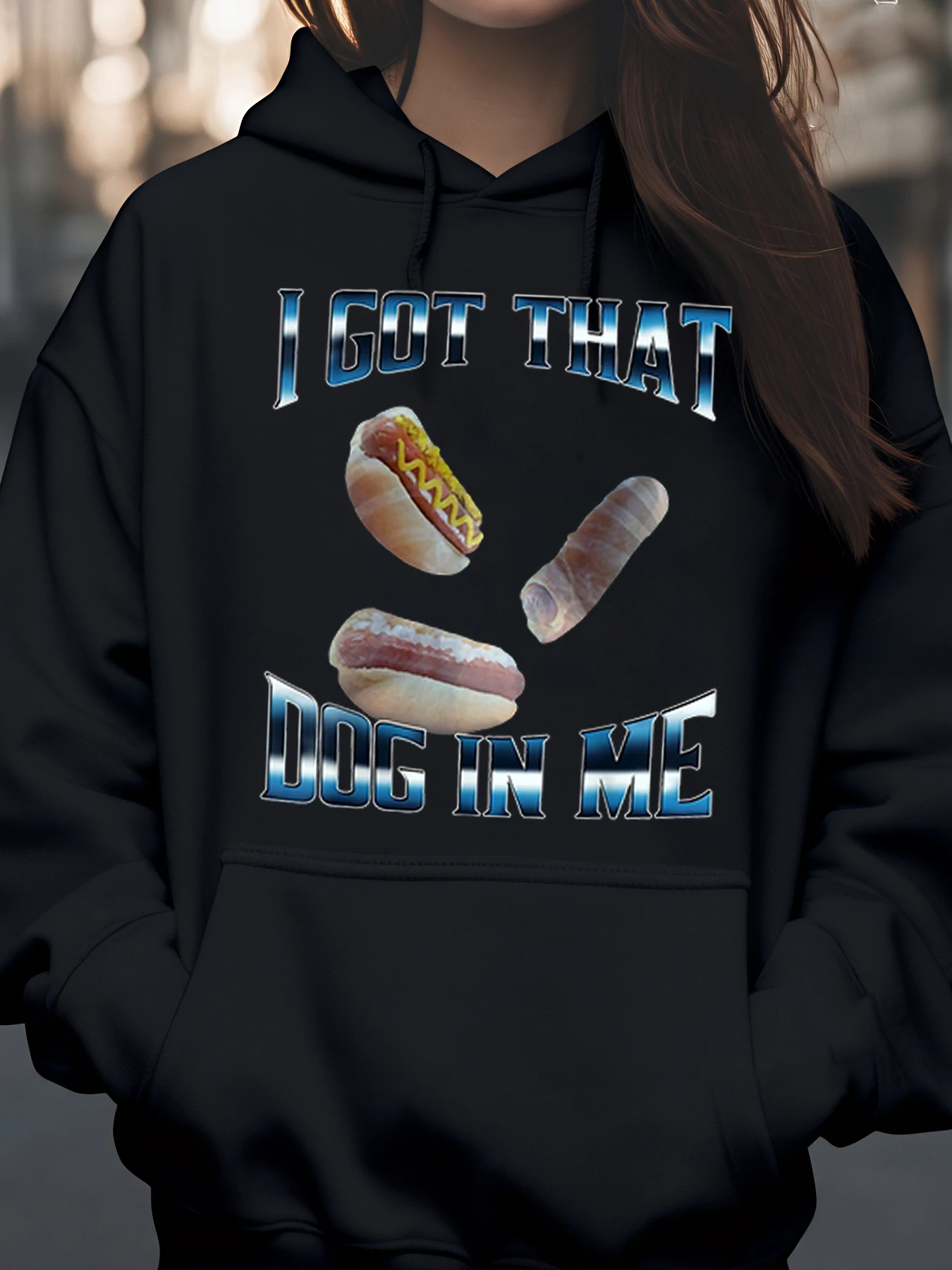 

Толстовка с принтом хот-дога «Я получил эта собака в меня», повседневная уличная одежда, модная толстовка унисекс для мужчин и женщин