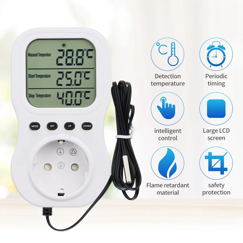 New Intelligent Digital Temperature Display Constant Temperature Timer Switch Socket Electrical Power Detector EU Plug-ABFB