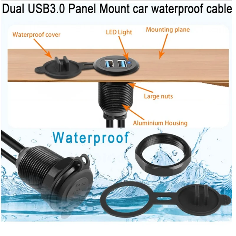 Car Motorcycle Marine Dashboard Extension Cable 5Gbps Waterproof Embedded USB Extension Adapter 2 USB 3.0 Port Male to Female