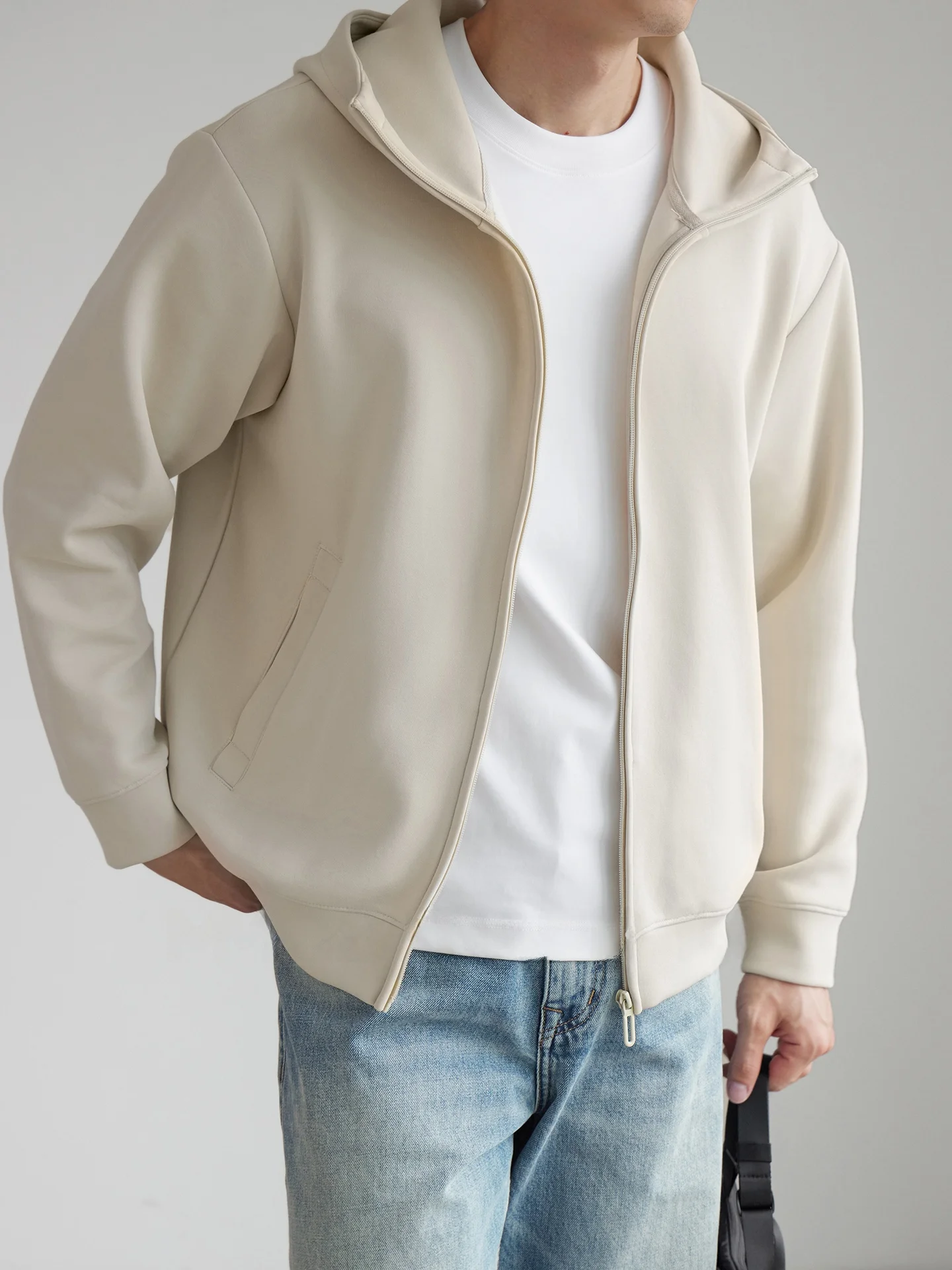 Heavyweight Liquid Cotton Hooded Open Cardigan Sweatshirt Men's Casual Commute 3D Shape Zipper Jacket Autumn Fashion Urban Style