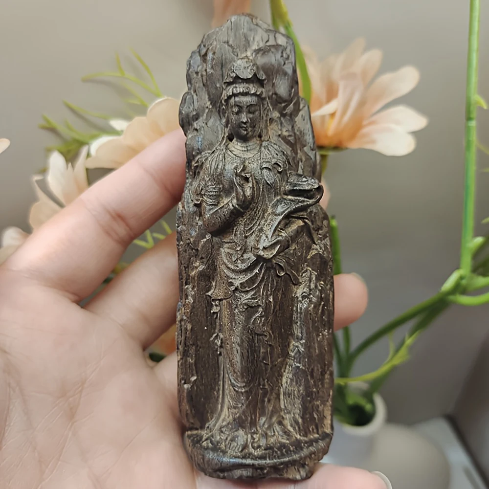 Escultura em Madeira de Guanyin Meditando, Ornamento de Entrada com Textura Natural, Decoração de Sala de Estudo com Arte Linear, Escultura Zen de Olhos Fechados para Casa, Artesanato Moderno para Estética de Espaços, Peça Decorativa para Alívio do Estres