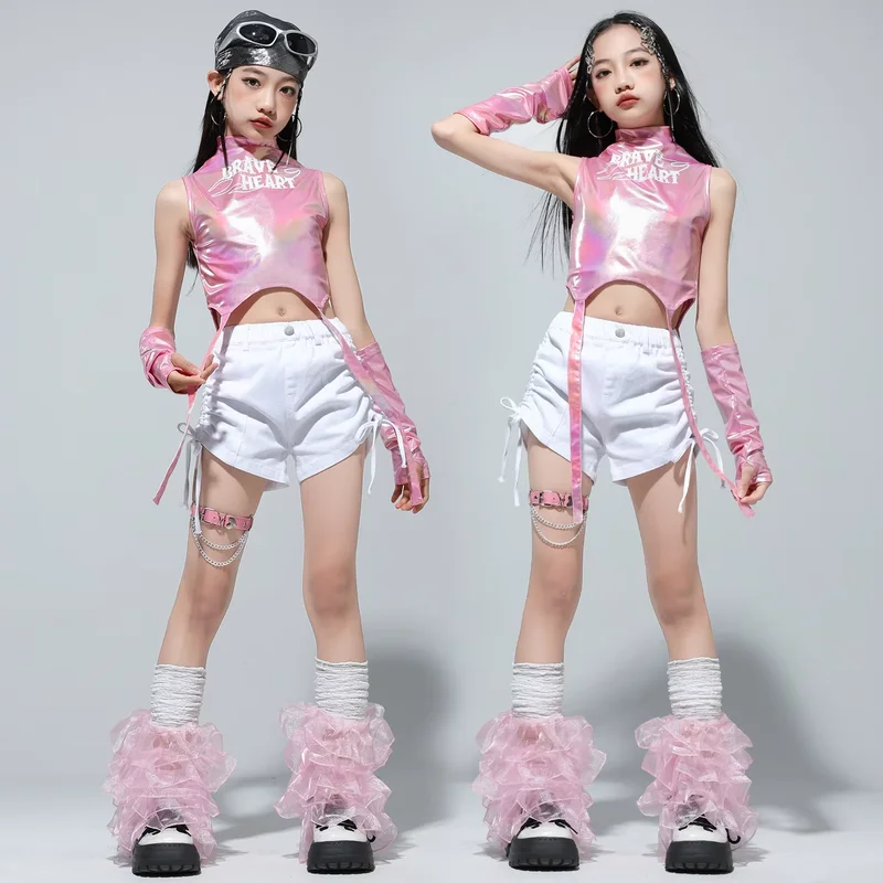 

Woman K-pop Shiny Crop Top Cargo Pants Street Dance Shorts Kids Hip Hop Jazz Clothes Sets Children Streetwear Girl Group Costume