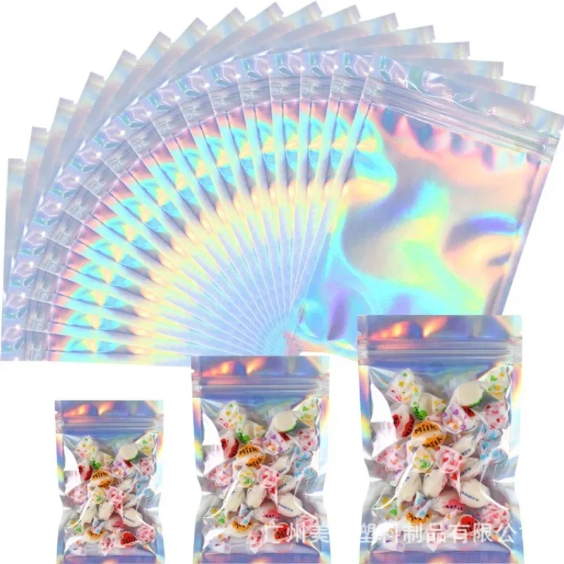 200 Pcs Multicolour Holographic Bags Zip Lock Bag Seal Laser Candy Plastic Storage Bags Smell Proof Jewelry Gift Packaging